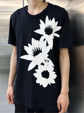 RARE Adidas x Yohji Yamamoto Y-3 Black & White Floral Graphic T-Shirt *FLAWED*